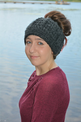 Charcoal gray messy bun ponytail beanie winter hat