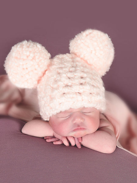 Pale pink giant pom pom winter hat by Two Seaside Babes