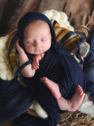 Navy blue newborn baby bonnet by Two Seaside Babes