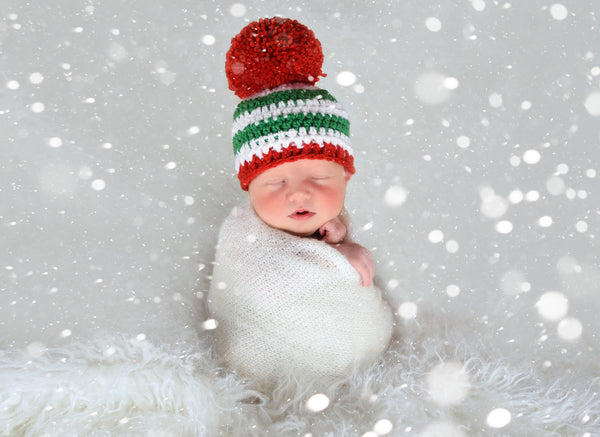 Striped Christmas hat | Green & White Stripes giant Red pom pom | newborn, baby, toddler, child, girl, boy, adult sizes