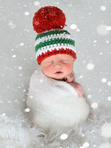 Striped Christmas hat | Green & White Stripes giant Red pom pom | newborn, baby, toddler, child, girl, boy, adult sizes by Two Seaside Babes
