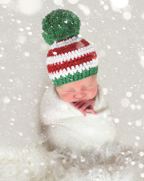 Striped Christmas hat | Red & White Stripes giant Green pom pom | newborn, baby, toddler, child, girl, boy, adult sizes by Two Seaside Babes