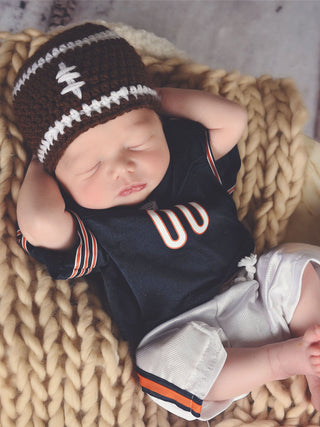 Brown & white football beanie by Two Seaside Babes