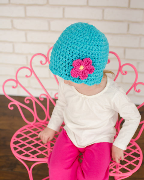 Turquoise blue flapper beanie hat | 34 flower colors available