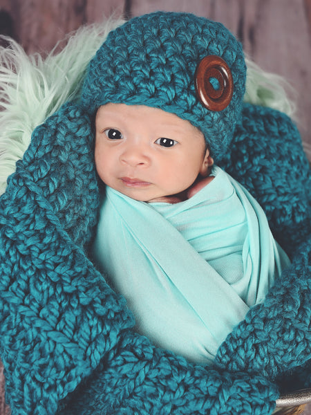 Teal button beanie baby hat by Two Seaside Babes