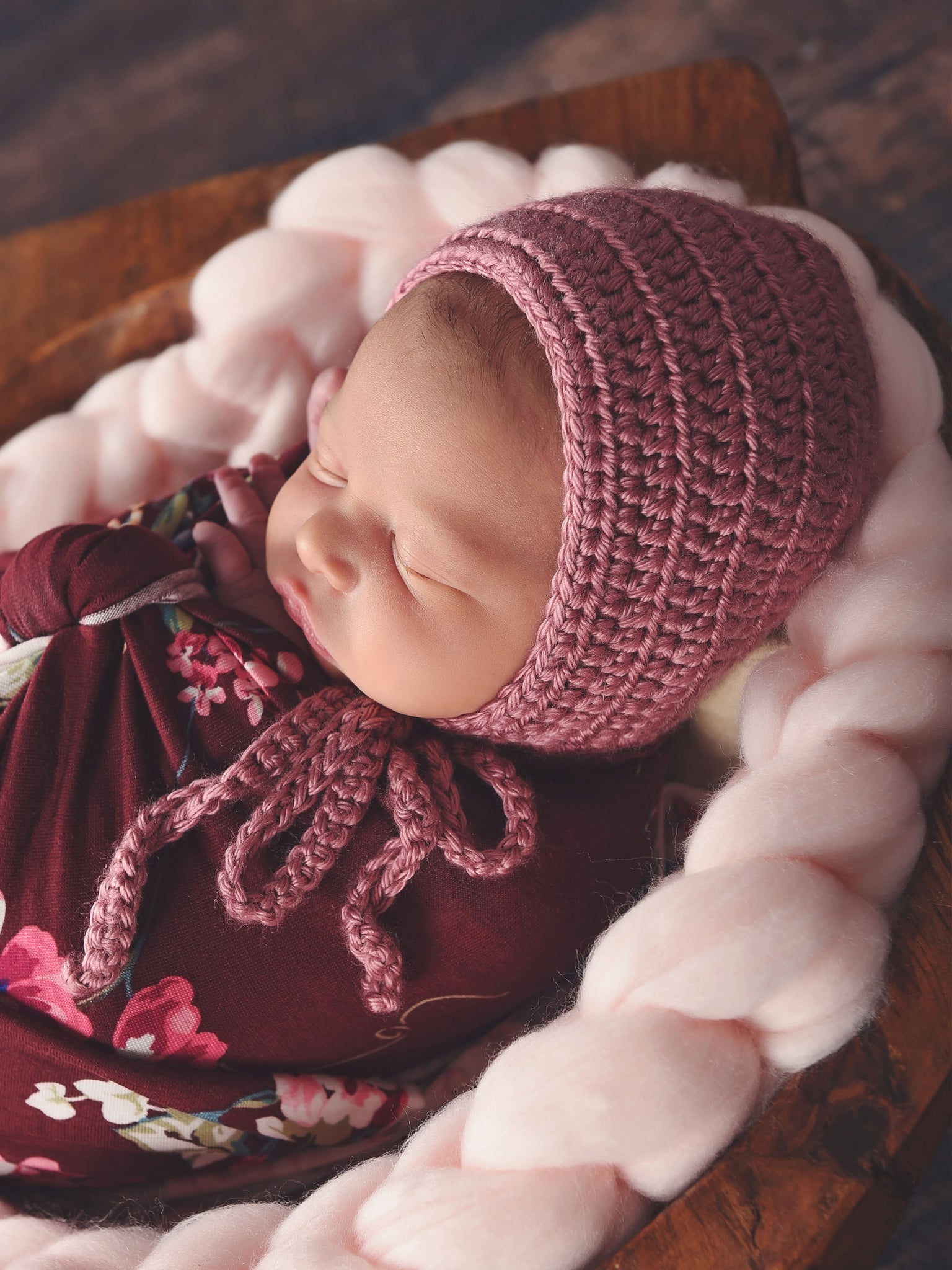 Rose pink newborn baby bonnet