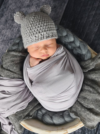 Gray mini pom pom hat by Two Seaside Babes