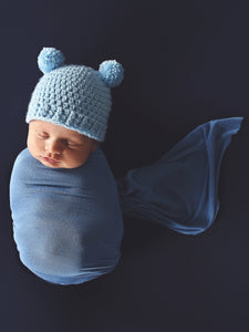 Baby blue mini pom pom hat by Two Seaside Babes