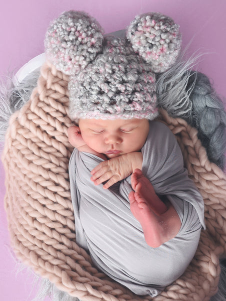 Pale Gray & Pink Pom Pom Hat by Two Seaside Babes