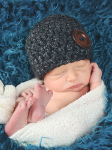 Charcoal sparkle button beanie baby hat by Two Seaside Babes