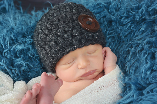 Charcoal sparkle button beanie baby hat