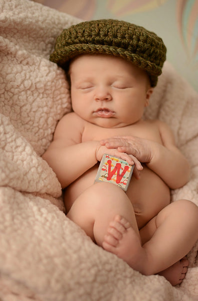 Newborn Olive Green | Irish wool Donegal newsboy hat, flat cap, golf hat | newborn, baby, toddler, boy, & men's sizes