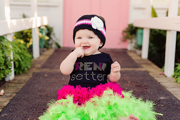 9 to 12 Month Black, Hot Pink, White, &  White Sparkle Striped Flapper Beanie