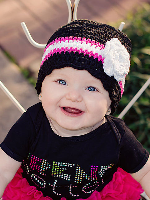 9 to 12 Month Black, Hot Pink, White, &  White Sparkle Striped Flapper Beanie by Two Seaside Babes