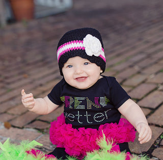 9 to 12 Month Black, Hot Pink, White, &  White Sparkle Striped Flapper Beanie