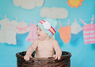 9 to 12 Month Aqua Blue, Hot Pink, Yellow, & White Striped Flapper Beanie