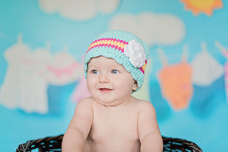 9 to 12 Month Aqua Blue, Hot Pink, Yellow, & White Striped Flapper Beanie