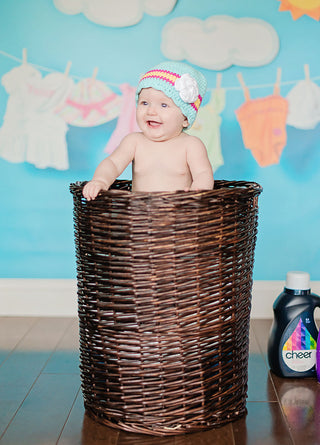 9 to 12 Month Aqua Blue, Hot Pink, Yellow, & White Striped Flapper Beanie