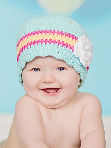 9 to 12 Month Aqua Blue, Hot Pink, Yellow, & White Striped Flapper Beanie by Two Seaside Babes