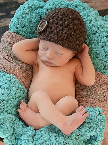 Dark brown wood button beanie baby hat by Two Seaside Babes