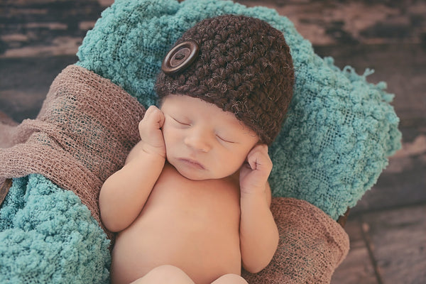 Dark brown wood button beanie baby hat