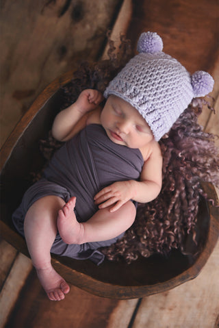 Lavender mini pom pom hat