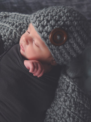 Slate gray button beanie baby hat by Two Seaside Babes