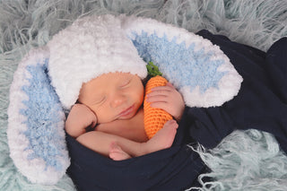 White & light blue Easter bunny baby hat