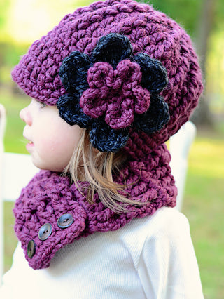1T to 2T Purple Plum & Charcoal Gray | chunky crochet flower beanie, thick winter hat | baby, toddler, girl's, women's sizes by Two Seaside Babes