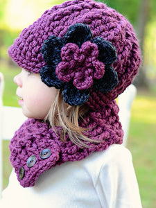 1T to 2T Purple Plum & Charcoal Gray | chunky crochet flower beanie, thick winter hat | baby, toddler, girl's, women's sizes by Two Seaside Babes