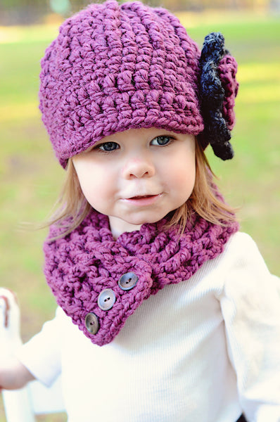 1T to 2T Purple Plum & Charcoal Gray | chunky crochet flower beanie, thick winter hat | baby, toddler, girl's, women's sizes