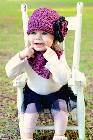 1T to 2T Purple Plum & Charcoal Gray | chunky crochet flower beanie, thick winter hat | baby, toddler, girl's, women's sizes