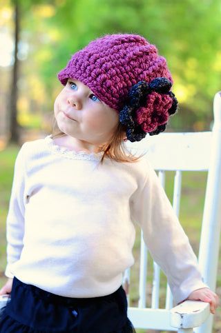 1T to 2T Purple Plum & Charcoal Gray | chunky crochet flower beanie, thick winter hat | baby, toddler, girl's, women's sizes