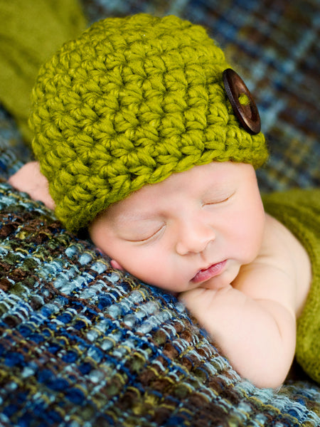 Lemongrass button beanie baby hat by Two Seaside Babes