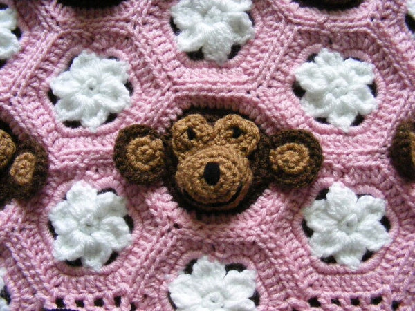 Crochet pattern baby girl monkey face & flower motif PDF digital download by Two Seaside Babes