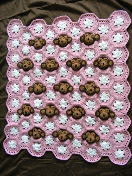 Crochet pattern baby girl monkey face & flower motif PDF digital download by Two Seaside Babes