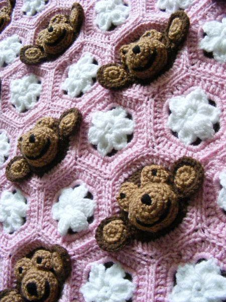 Crochet pattern baby girl monkey face & flower motif PDF digital download by Two Seaside Babes
