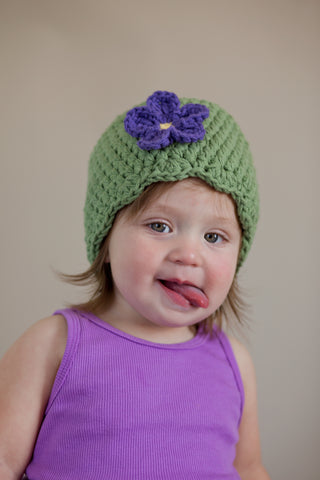 Olive green flapper beanie hat | 40 flower colors available