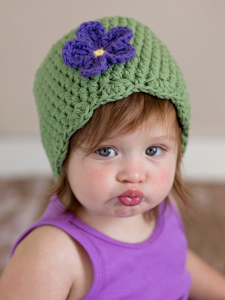 Olive green flapper beanie hat | 34 flower colors available