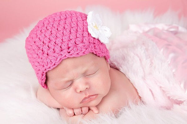 Hot pink flapper beanie hat | 34 flower colors available