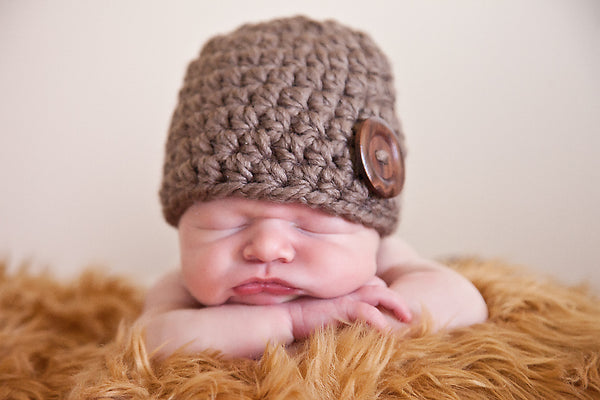Taupe button beanie baby hat