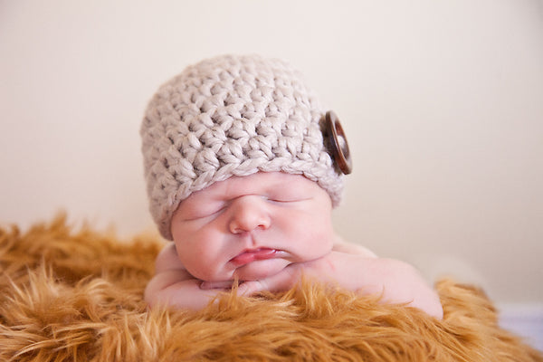 Linen button beanie baby hat