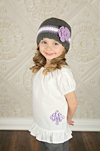 4T to Preteen Elephant Gray, Grape, White, & Lavender Striped Flapper Beanie