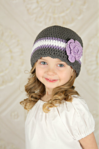 4T to Preteen Elephant Gray, Grape, White, & Lavender Striped Flapper Beanie