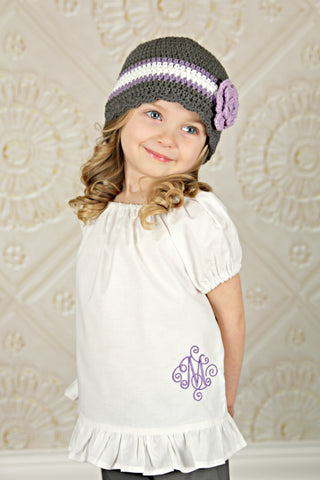 4T to Preteen Elephant Gray, Grape, White, & Lavender Striped Flapper Beanie