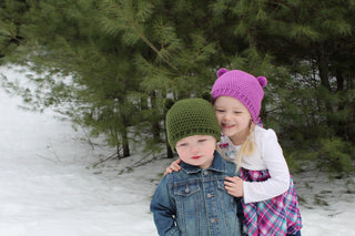 Olive green and orchid mini pom pom hat