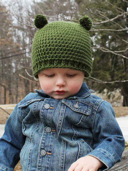 Olive green mini pom pom hat by Two Seaside Babes