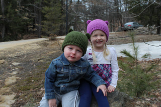 Olive green and orchid mini pom pom hat