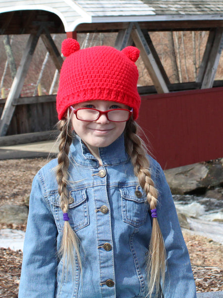 Red mini pom pom hat by Two Seaside Babes