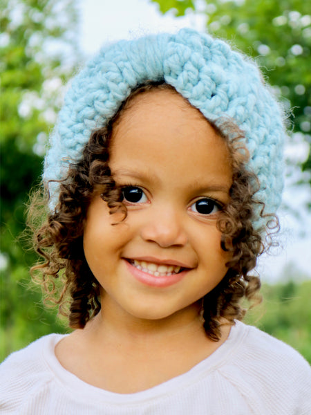 Sky blue knotted bow winter headband by Two Seaside Babes